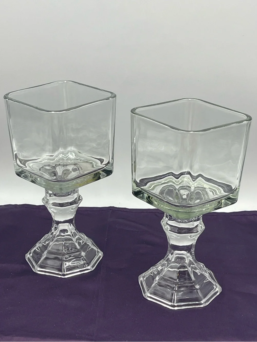 Vintage Pressed Glass Candle Holders Square Top Hexagonal Stem Pedestal Set of 2